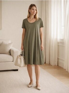Wool& Wooland Maggie Swing Dress Olive Green Merino Wool Blend Size Large